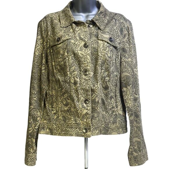 Christopher & Banks Khaki & Black Print Denim Jean Jacket Metal Rivet Buttons-M - Picture 1 of 16